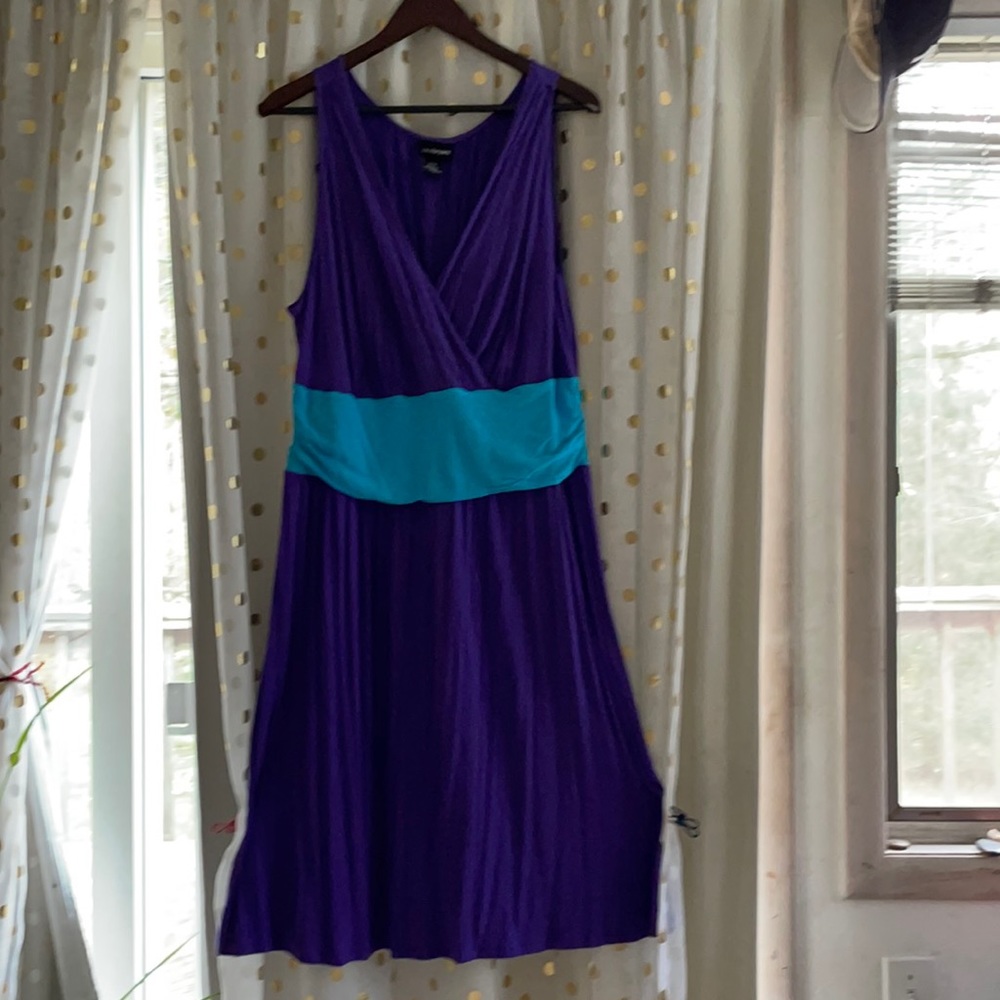 Purple and turquoise dress.